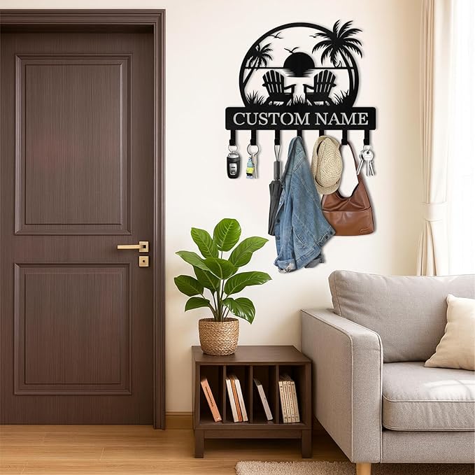 Personalized Key Holder for Wall, Beach Theme Key Holder Wall Mount with Hooks, Coconut Trees Key Hanger Wall Decor for Pool Bathroom Hallway Entryway Office, Customized Home Decor Gifts Color06