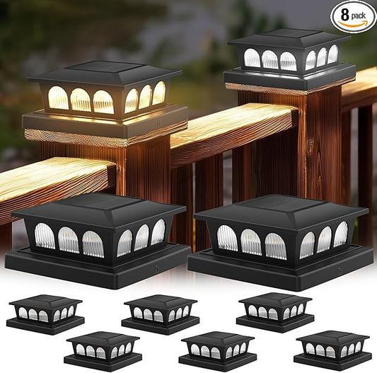 8 Pack Solar Post Cap Lights, Warm White & Cool White Auto On/Off, Waterproof Fence Post Solar Lights for 4x4 5x5 6x6 Wood/Vinyl Posts, Fence, Deck, Patio, Garden Decor (Black)