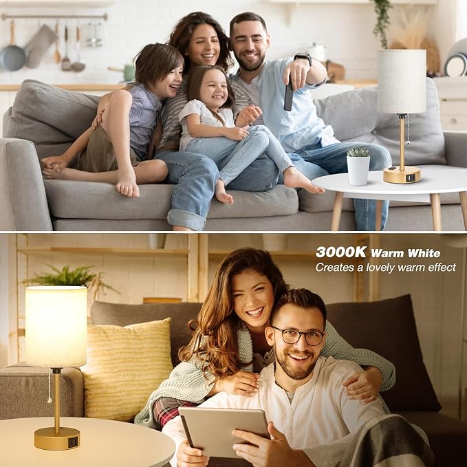 Dicoool Elegant Gold Bedside lamp for Bedroom - 3 Color Temperatures Small Table Lamp with USB C and A Ports, Pull Chain Table Lamps with AC Outlet, Cream Nightstand Lamps for Kids Reading Study