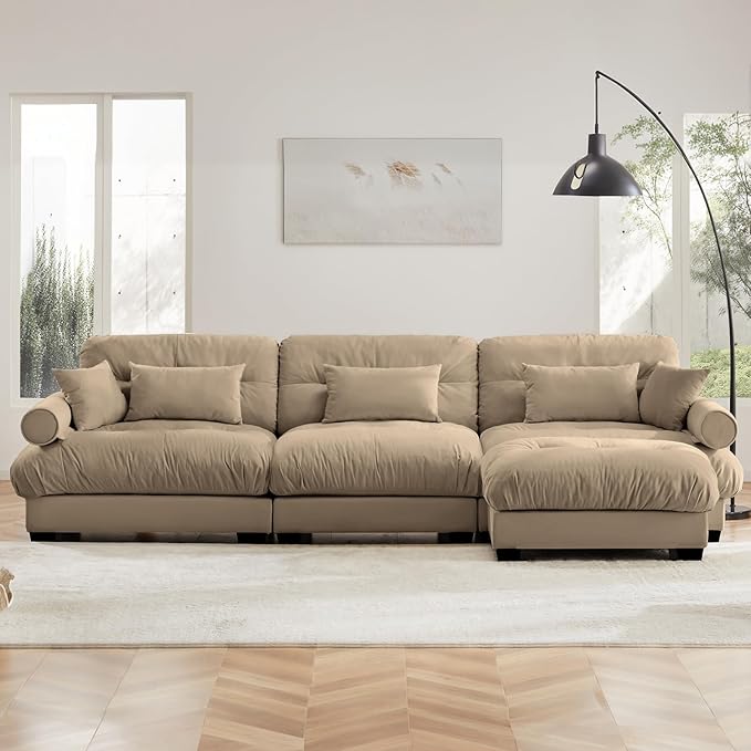130" Oversized Couch, 3 Seater Sectional Couches for Living Room, Camel Velvet Large L Shaped Fluffy Modular Couch Set