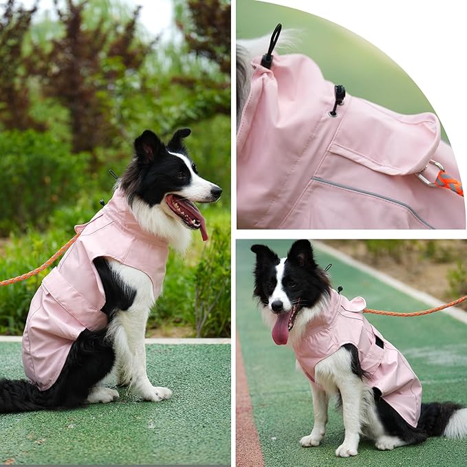 Waterproof Dog Raincoat with Reflective Strip, Adjustable Breathable Rain Coat Jacket with Leash Hole for Dogs (Pink, Small)