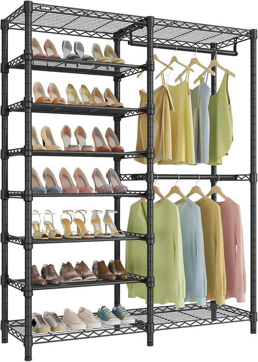 VIPEK S2 Heavy Duty Clothes Rack with Shoe Shelves Freestanding Clothing Rack with 6-Tier Shoe Rack, Double Hanging Rod, Adjustable Shelf, Walk in Closet Organizer Garment Rack, Black