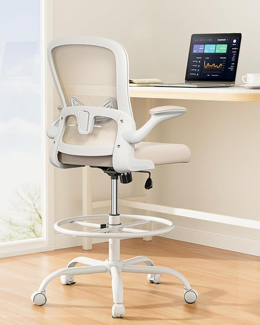 ErGear Drafting Chair,Tall Office Chair with Flip-Up Armrests, High Desk Chair Adjustable Height and Adjustable Footrest Ring, Ergonomic Standing Desk Chair with Lumbar Support, Khaki