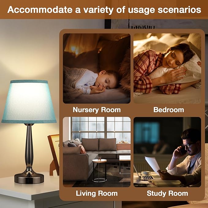 Touch Bedside Lamp for Bedroom with USB C Port, Small Touch Table Lamp with 2 USB Charging Ports, 3 Way Dimmable Nightstand Lamp for Living Room and Office - Turquoise Blue (LED Bulb Included)