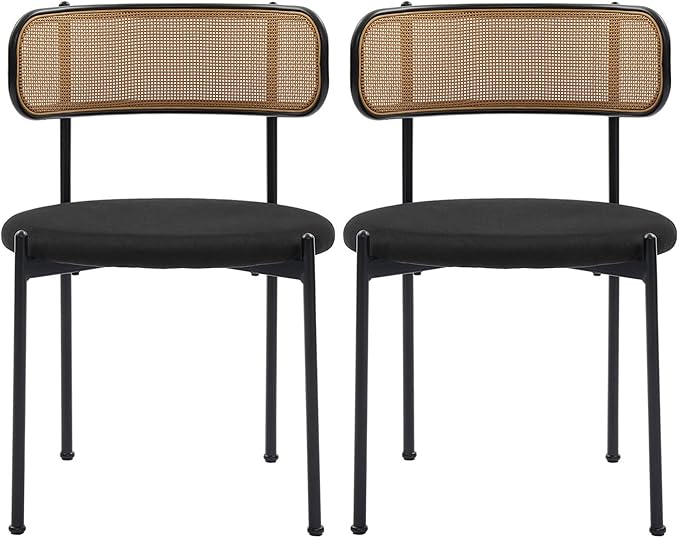 Rattan Dining Chairs Set of 2, Mid Century Modern Dining Chairs with Cane Back and Boucle Upholstered Seat, Farmhouse Kitchen Chairs for Dining Room and Living Room, Black