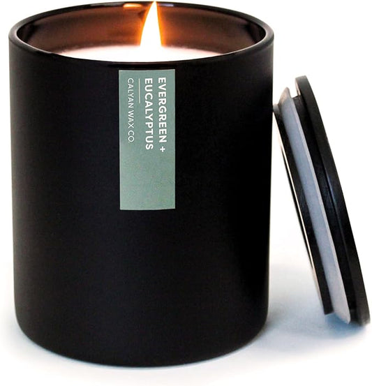 Calyan Wax Co. Evergreen & Eucalyptus Scented Candle - 75 Hour Burn - Luxury Non Toxic Soy Wax Candles - Long Lasting Black Tumbler Jar Candle for Home - 10.2oz