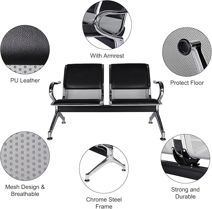 Kinfant Waiting Room Chairs Set- 2-Seat PU Leather Office Chair Guest Reception Waiting Room Bench Furniture for Airport, Hospital, Bank, Salon, Barbershop(Black, Set of 2)