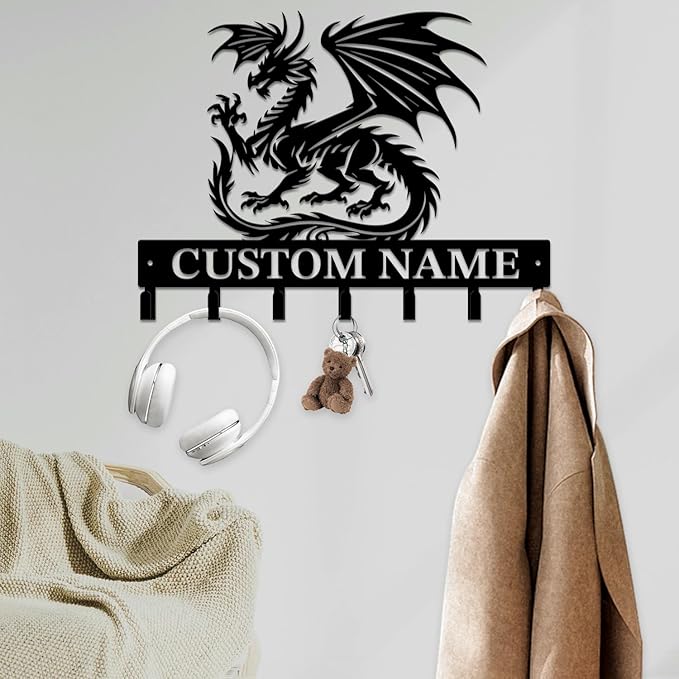 Personalized Evil Dragons Keys Hooks,Custom Name Metal Dragons Art Keys Hooks,Metal Dragons Lover Wall Home Storage Decorative Keys Hooks,Key Holder Hooks for Wall (Style A)