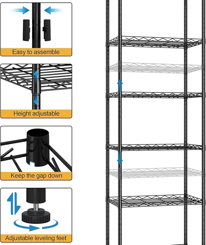 HOMEFORT 6-Shelving Unit, Adjustable Wire Shelving, Metal Wire Shelf Rack Organizer for Kitchen, Pantry, Closet, Bathroom, Laundry, Black,21" W x 11" D x 69" H