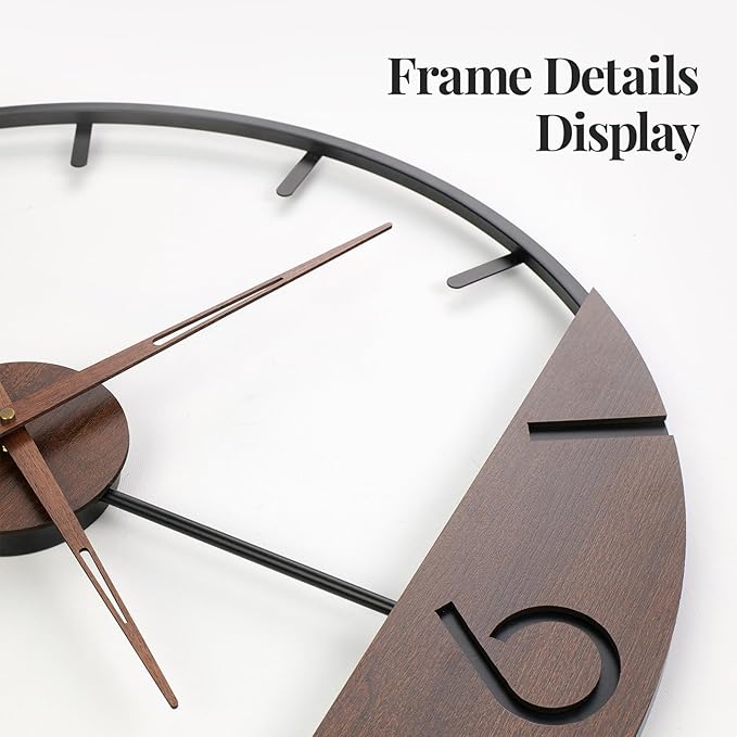 Cuspin Extra Large Wall Clock 36 Inch Modern Black Metal Clock with Walnut Wood Dial, Silent Non-Ticking Oversized Decorative Battery Powered Big Clock for Living Room, Kitchen, Office, Bedroom