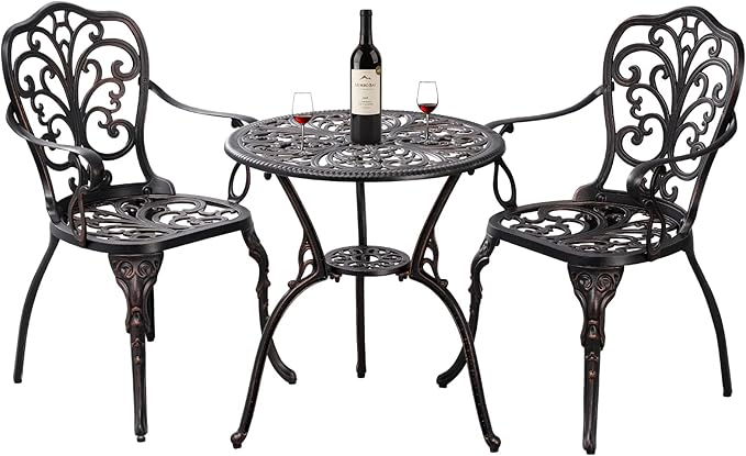 Bistro Set 3 Piece Outdoor Bistro Table and Chair Set of 2 Cast Aluminum Patio Furniture with Umbrella Hole,Patio Bistro Table Sets for Garden,Yard(Brown)