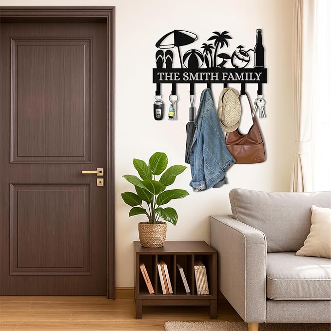Personalized Key Holder for Wall, Beach Theme Key Holder Wall Mount with Hooks, Coconut Trees Key Hanger Wall Decor for Pool Bathroom Hallway Entryway Office, Customized Home Decor Gifts Color04