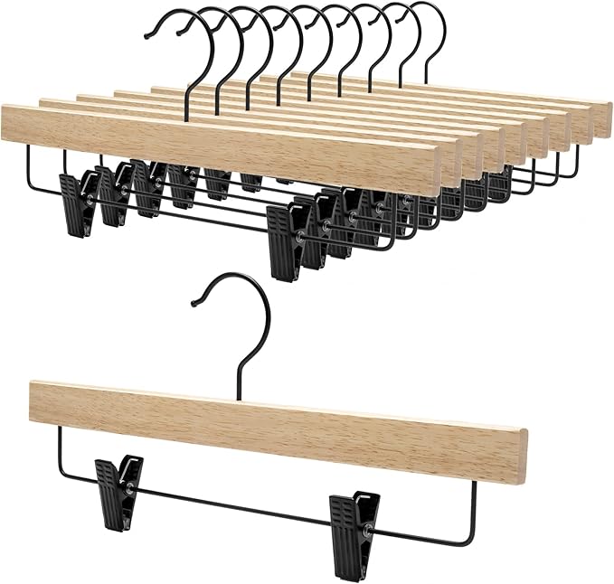 Nature Smile Deluxe Wooden Pants Hangers,Solid Rubber Wood Jeans Skirt Hanger with Black Adjustable Clips and Rotatable Hook Pack of 10(Natural Varnished)