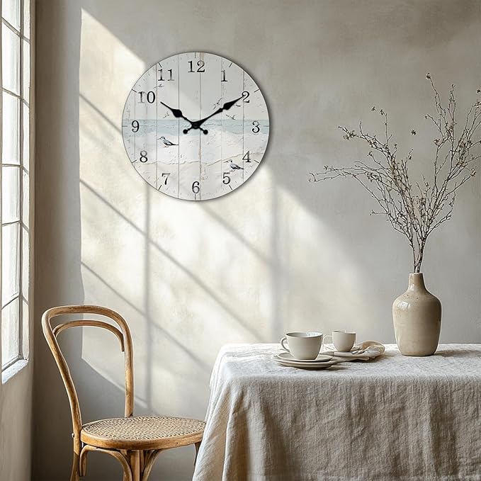 Rustic Blue Wall Clock for Living Room Decor 14 Inch Round Wood Grain Design Wall-Clocks Silent Non-Ticking Clocks for Kitchen, Farmhouse Battery Operated