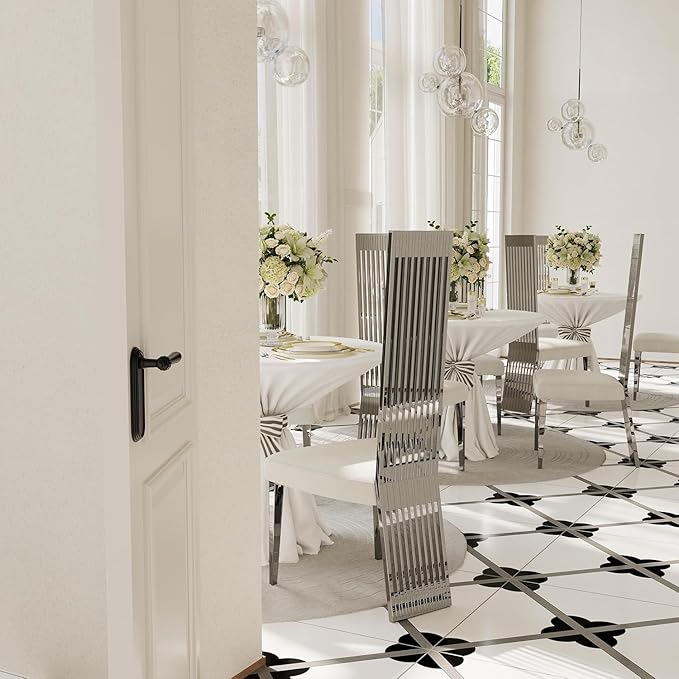 Silver Dining Chair Set of 4, White Boucle Dining Chairs with Polished Silver Stainless Steel Backrest and Legs, Modern Elegant Upholstered Dining Room Chairs for Dining Room Kitchen Restaurant