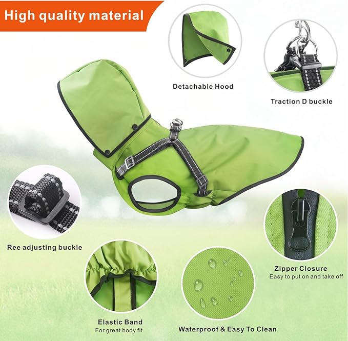 Mosucoirl Dog Raincoat Waterproof Dog Hoodie Reflective Dog Raincoat Hooded Adjustable Rain Jacket for Small Medium Large Dogs Puppies (Green, XL)