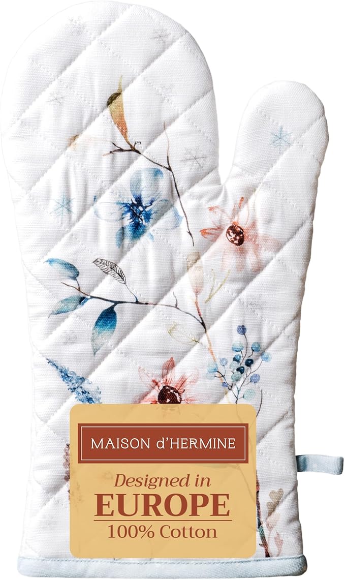 Maison d' Hermine Oven Gloves 100% Cotton Oven Mitt 7" x 13" with Loop Heat Resistant BBQ Cooking Gloves for Thanksgiving Christmas Decorations Baking Handling Hot Pans (Pack of 1, Ice Florals)