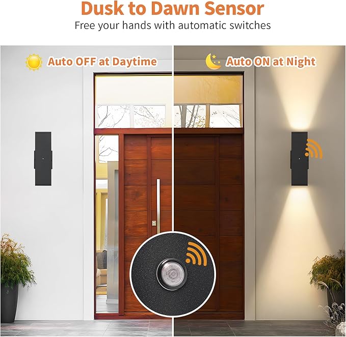 Dusk to Dawn Outdoor Lighting, LED Square Up and Down Outdoor Sconce Lights, Matte Black Exterior Lighting Fixtures with 7W LED Bulbs, Front Porch Lights for house, Garage, Patio, Doorway, 6 Pack