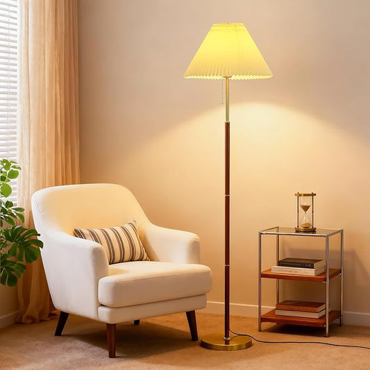 Pleated Lampshade Tall Floor Lamp for Living Room Corner Bedroom Bedside Office, Brown Pole Lamp, Bright 12W Dimming Reading Light, Modern Cute Unique Retro Standing lamp,Farmhouse Vintage Home Decor
