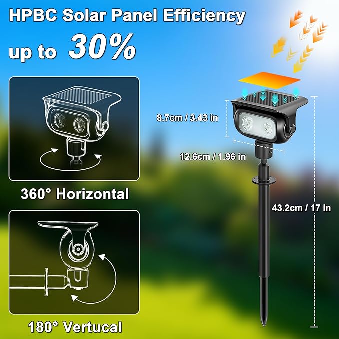 Solar Spotlight Outdoor, Warm White Stake Landscape Light with Dual Brightness, Fast-Charge HPBC Solar Panel, LiFePO4 Battery, IP67 Waterproof 2-in-1 Yard, Garden, Pathway Light