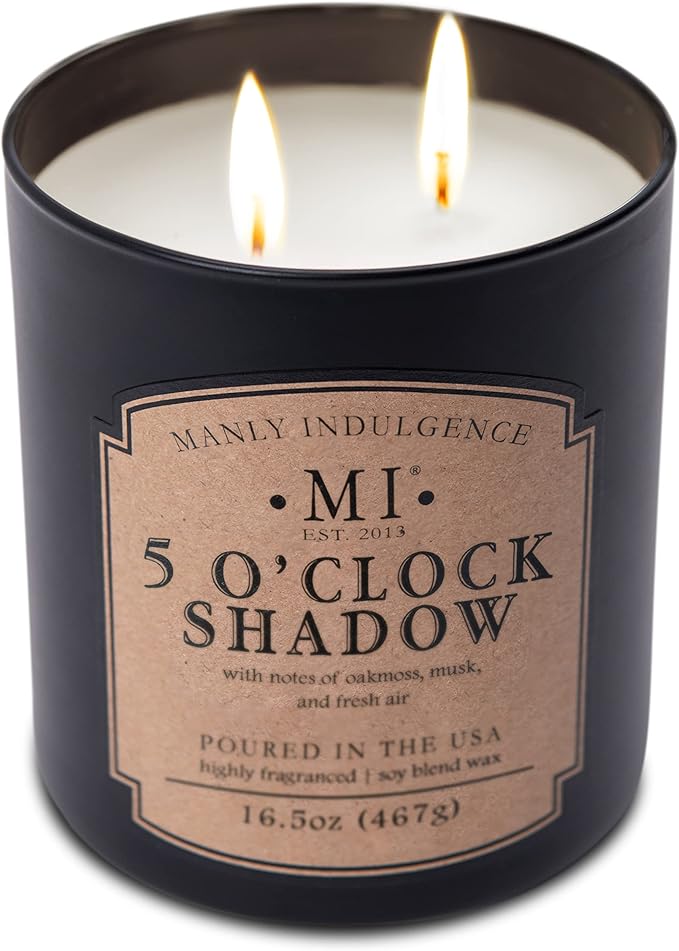 Manly Indulgence 5 O'Clock Shadow Scented Candle for Men 16.5 oz | 2 Wick & 2X Intense Fragrance | Oakmoss, Musk & Fresh Air | Up to 60 Hour Burn, Soy Blend Wax, USA Poured, Black