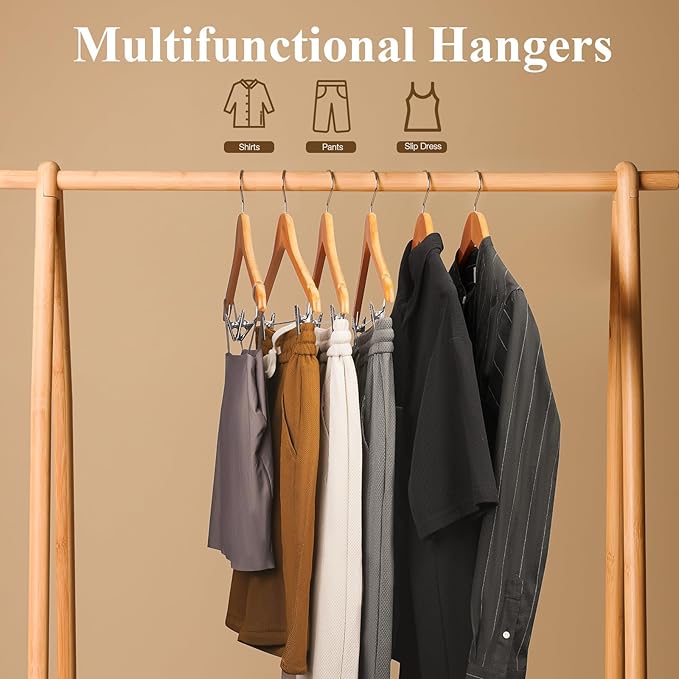 Wooden Hangers with Adjustable Heavy Duty Clips - 12 Pack Pants, Skirt, Jeans, Slacks, Shorts Hangers (Natural)