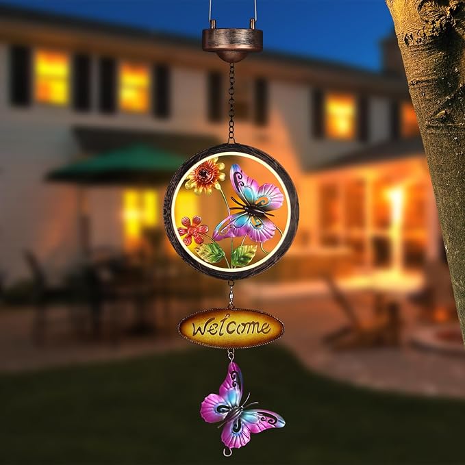 Butterfly Solar Lantern Outdoor Waterproof Welcome Sign lamp Birthday Gifts for Women Mom Outside Hanging Lights Decor for Garden Yard Patio Backyard Porch