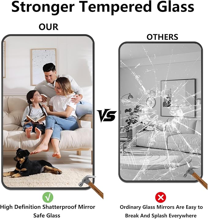 Koonmi Bathroom Mirror, 30X50 Brushed Black Rectangle Wall Mirror, HD Tempered Glass, Anti-Rust Frame Vanity Mirror, Rounded Rectangle Mirror for Restroom, Bedroom, Hangs Horizontal or Vertical