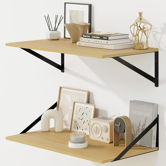 Fun Memories Floating Shelves for Wall, 12 Inch Deep Floating Shelves Set of 2, 24W x 12D Large Wall Shelf with Sturdy Metal Brackets for Living Room, Bathroom, Bedroom and Kitchen, Oak