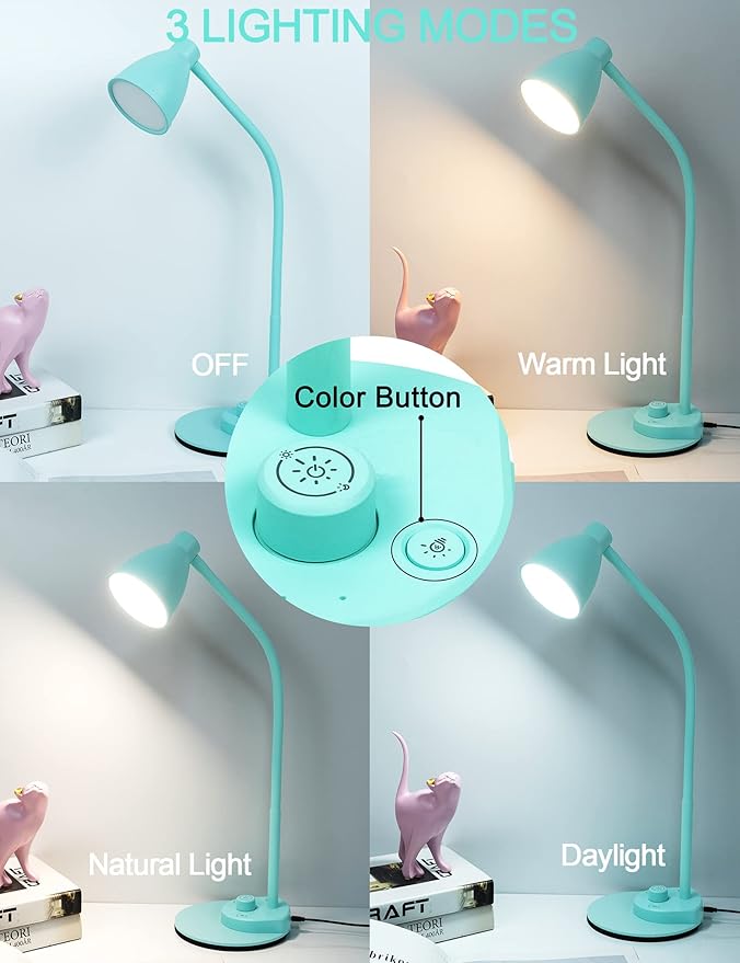 BOHON LED Desk Lamp with USB Charging Port, 3 Color Modes Fully Dimmable Reading Lamp, Auto Dimming Task Lamp, Flexible Neck Table Light for Office Dorm Bedside, Adapter Include, Teal
