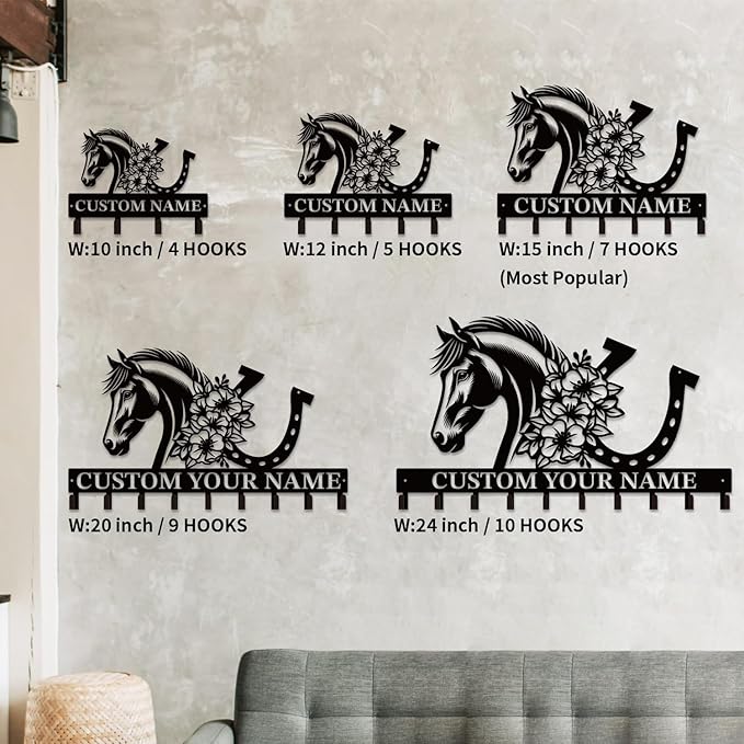 Personalized Custom Name Farm Horse Wall Key Hooks,Metal Horse Art Clothes Hooks,Metal Horse Wall Home Storage Decorative,For Front Door, Hallway, Kitchen, Bedroom,Keys,Hats (Style H)