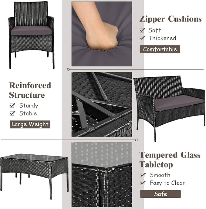 Tangkula 4 Pieces Patio Furniture Set, Outdoor Wicker Conversation Set with Tempered Glass Tabletop, Rattan Sofa and Chairs Set with Off White & Grey Cushion Covers