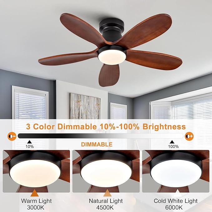 36 Inch Flush Mount Ceiling Fans with Lights and Remote, Dimmable, Wall Switch, 5 Blades Wood Ceiling Fan with Light, Low Profile Outdoor Indoor Modern Ceiling Fan for Bedroom Patio (Black Walnut)