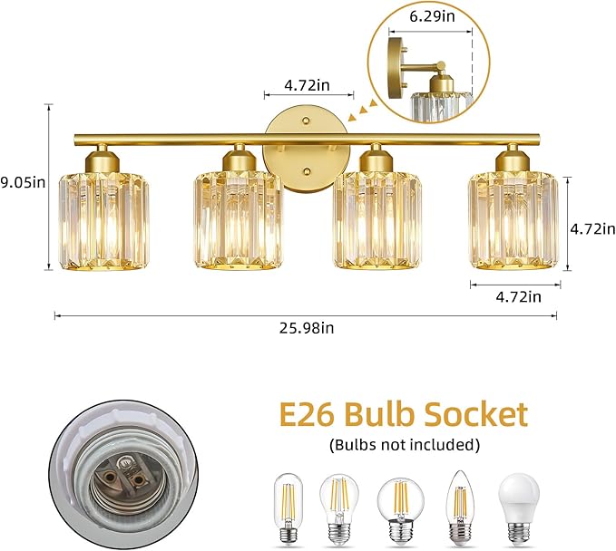 Modern 4 Light Crystal Vanity Light, Gold Vertical Bathroom Light Fixture Over Mirror for Dressing Table Sink, Compatible with Dimmable Bulbs (Bulbs Not Included)
