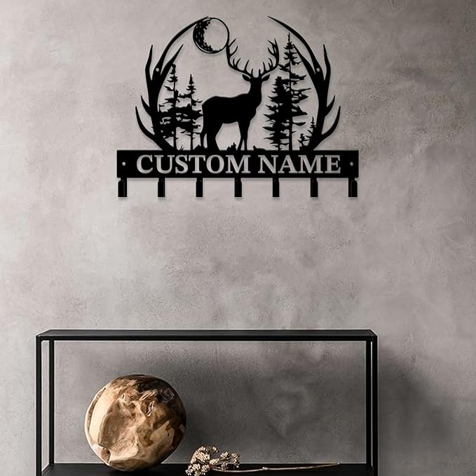 Personalized Custom Name Forest Deer Wall Keys Hooks,Metal Forest Deer Art Clothes Hooks,Metal Forest Deer Wall Home Storage Decorative,For Front Door, Hallway, Kitchen, Bedroom,Keys,Hats (Style J)