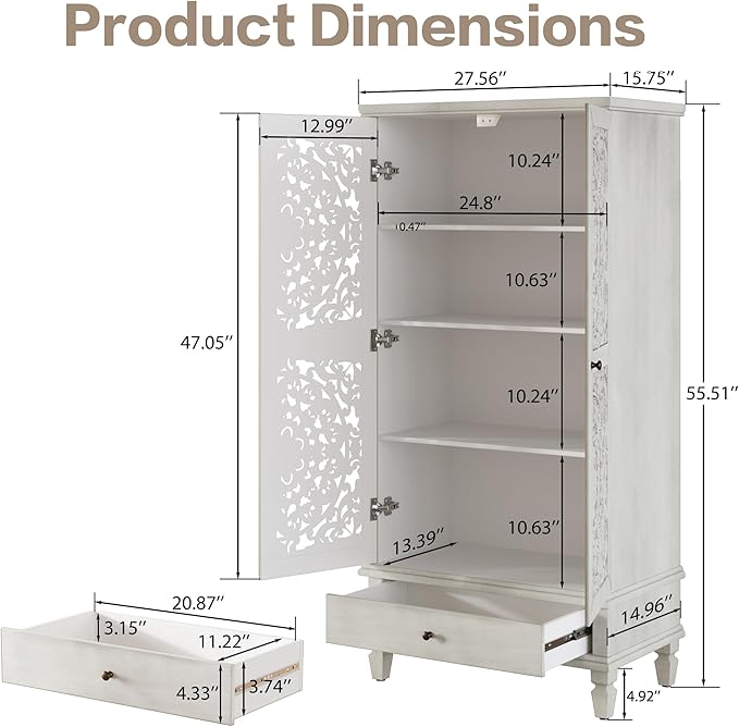 Rustic 55'' Tall Storage Cabinet with 2 Hollow-Carved Doors a Drawer, Wood Accent Cabinet with Solid Wood Legs for Living Room, Hallway, Dining Room (Grey White-T)