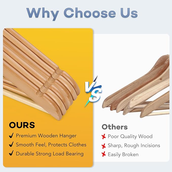 Wooden Hangers 30 Pack, Heavy Duty Wood Hangers for Coats, Suits, Jackets, Closet & Pants Durable Premium Wood Hangers with 360-Degree Rotatable Hook and Notches, Natural
