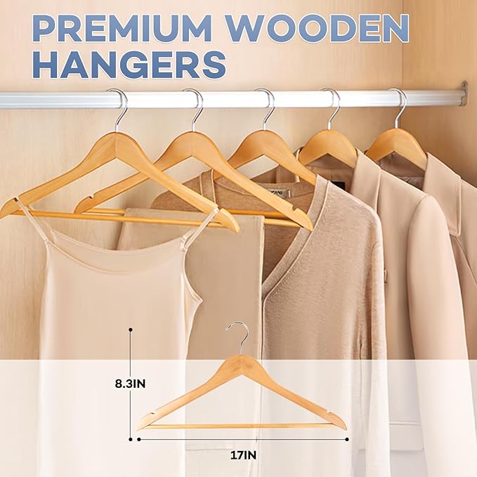 Wooden Hangers 80 Pack,Wood Hangers for Coats, Suits, Jackets, Closet & Pants Durable Premium Wood Hangers with 360-Degree Rotatable Hook and Notches, Natural