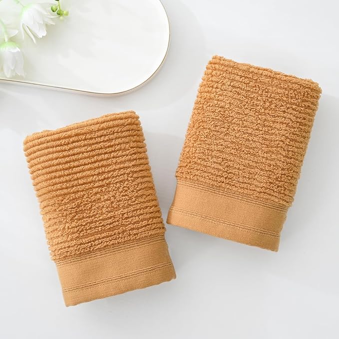 YiLUOMO Super Soft Mustard Orange Hand Towel Set of 2 Ribbed Striped Pattern 100% Cotton Absorbent Decorative Towel for Bathroom 13 x 29 Inch