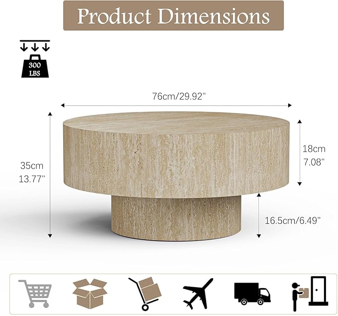Travertine Coffee Table 29.92" Modern Round Coffee Table for Living Room, Small Circle Coffee Table Drum Center Table End Table for Apartment Office Farmhouse (Round)