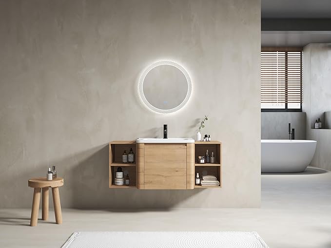 Goujxcy 48 Inch Bathroom Vanity with Sink Combo Modern Floating Vanity Cabinet with Ceramic Vessel Sink and Side Storage Shelves, Soft Closing Door Design (Imitative Oak)