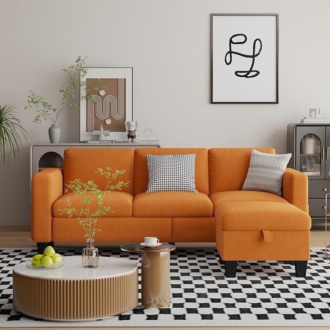 Sectional Sofa Couches for Living Room - 78''Convertible Modular Three-Seater L-Shaped Pet-Friendly Couch,Washable Sofa Cover-Bench Storage, Suitable for Small Living Room, Apartment,Office-Orange