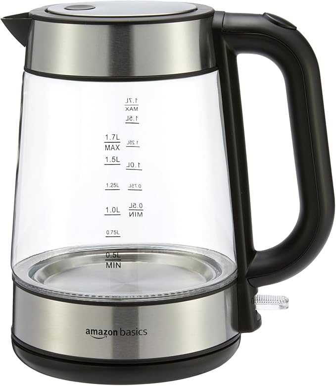 Amazon Basics Electric Kettle with Glass Carafe for Tea and Coffee, BPA-Free, Fast Boiling, Auto Shut-Off, 1.8 Quarts, 1500W, Black and Silver