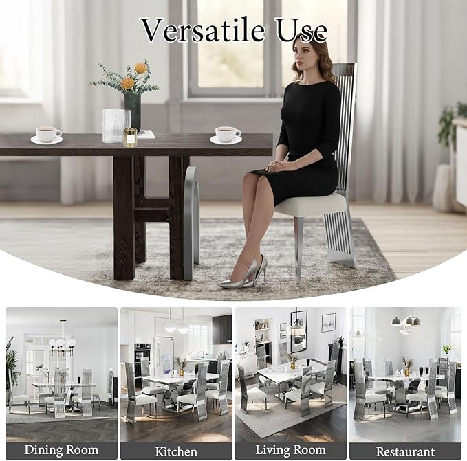 Luxury Dining Chair Set of 8, Polished Silver High Back Kitchen Chairs, Modern Simple Dining Chairs with Upholstered Padded Seat and Sturdy Metal Mirrored Legs for Dining Room,Kitchen