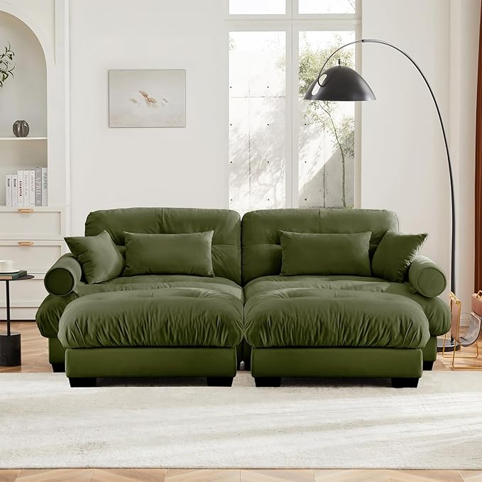 93.7" Loveseat Sofa, 2 Seater Modular Sectional Sofa, Olive Large U Shaped Sectional Couches for Living Room, Fluffy Couch, Love Seat, Velvet Cloud Couch with Ottoman, Deep Seat Sofas for Living Home
