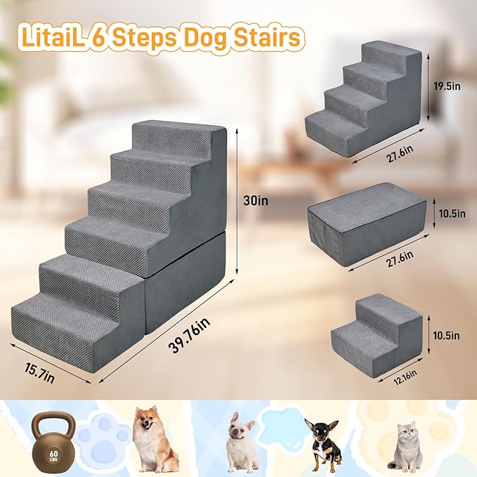 30 Inch Dog Stairs&Steps- 6 Steps for High Beds 30-36" High, Non Slip Foam Ramp for Small Dogs/Cats & Older Pets Grey