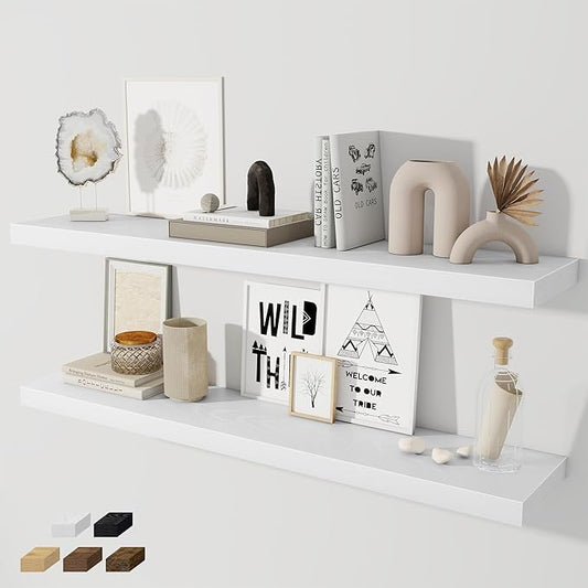 Fun Memories 48 Inch Floating Shelves for Wall 8 Inch Deep White Shelves Set of 2, Wall Mounted Rustic Wood Long Floating Shelf, Large Display & Storage Shelf with Invisible Brackets