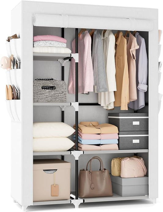 VTRIN Wardrobe Closet, 41.7 Inch Wide Portable Closets for Hanging Clothes with 1 Hanging Rod, 6 Shelves, 6 Pockets, Clothes Rack with Cover Portable Wardrobe Closet for Bedroom, Dorm, White