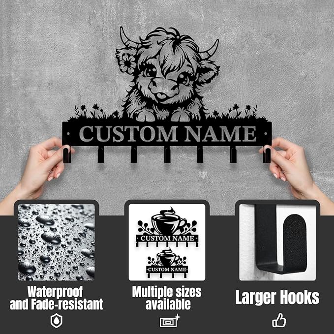 Personalized Highland Cow Metal Keys Hooks,Custom Name Metal Highland Cow Keys Hooks,Black Metal Highland Cow Wall Home Storage Decorative Keys Hooks,Key Holder Hooks for Wall (Style A)