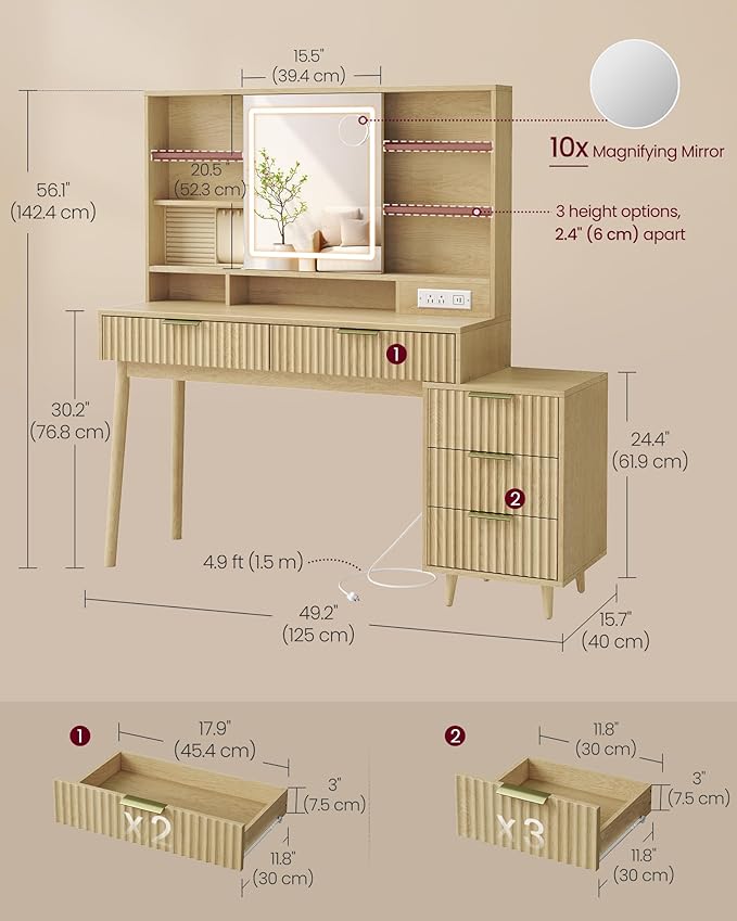 VASAGLE MAXE Collection - Vanity Desk with Sliding Mirror and Lights, Mid Century Modern Fluted Makeup Vanity with 10x Magnifying Mirror, Charging Station, Jewelry Storage, Oak Beige URDT139YC01S